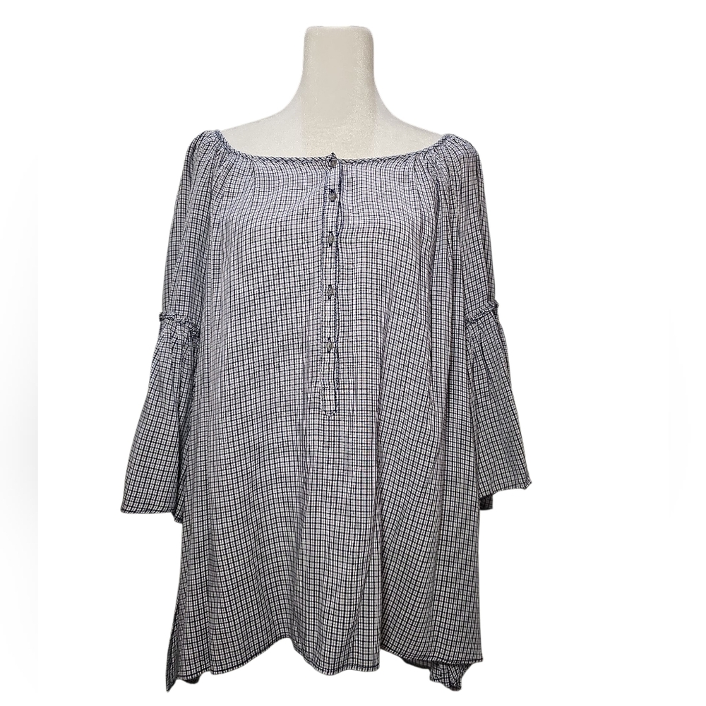 Gingham Off-Shoulder Peasant Blouse – Flowing Bell Sleeves